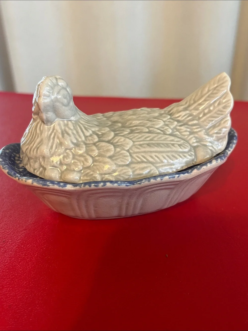 Vintage Ceramic Chicken on Nest Bowl. Ceramic Beige and Blue Hen on Nest.